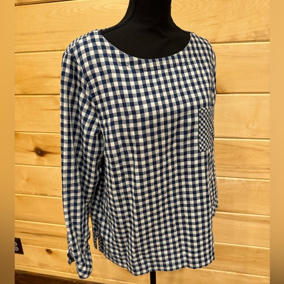 J.Jill Cotton Gingham Check Print Boxy Back Button Detail Blouse Blue White LP - Picture 7 of 8